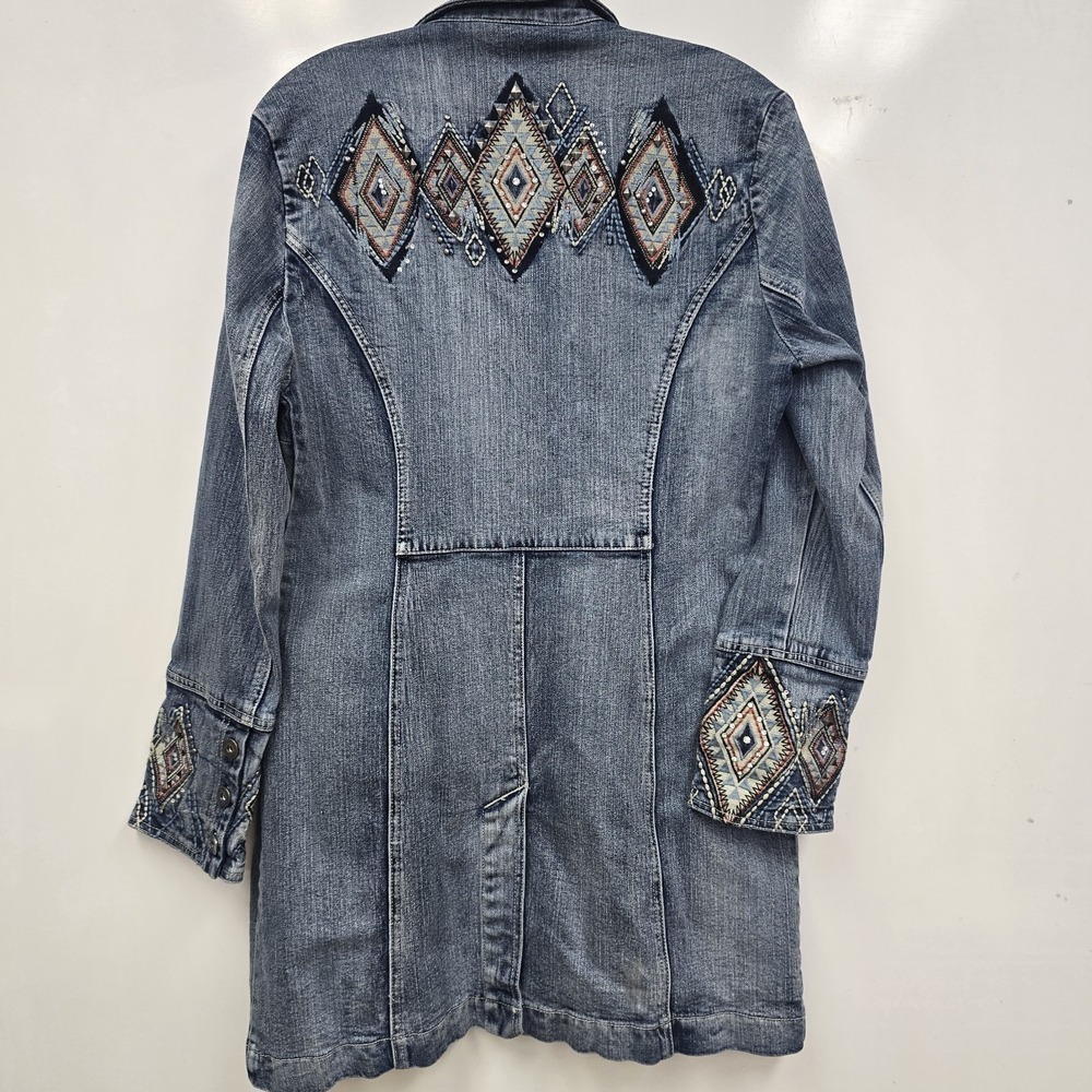 Zenim Denim Long Jacket‎ Southwestern Aztec  Embroidered Sz Medium Rodeo Cowgirl